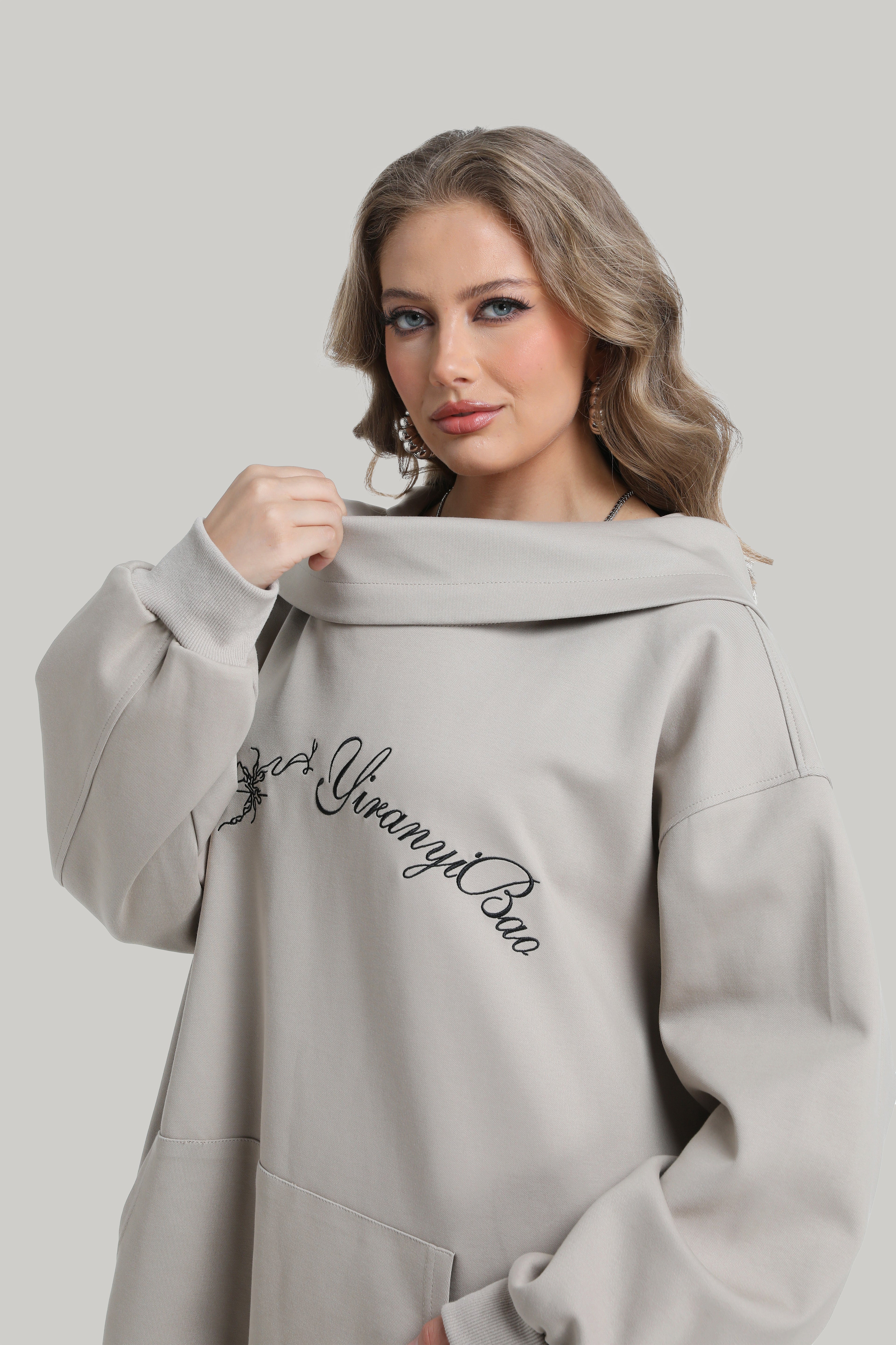 Stacked Collar Hoodie with Off Shoulder