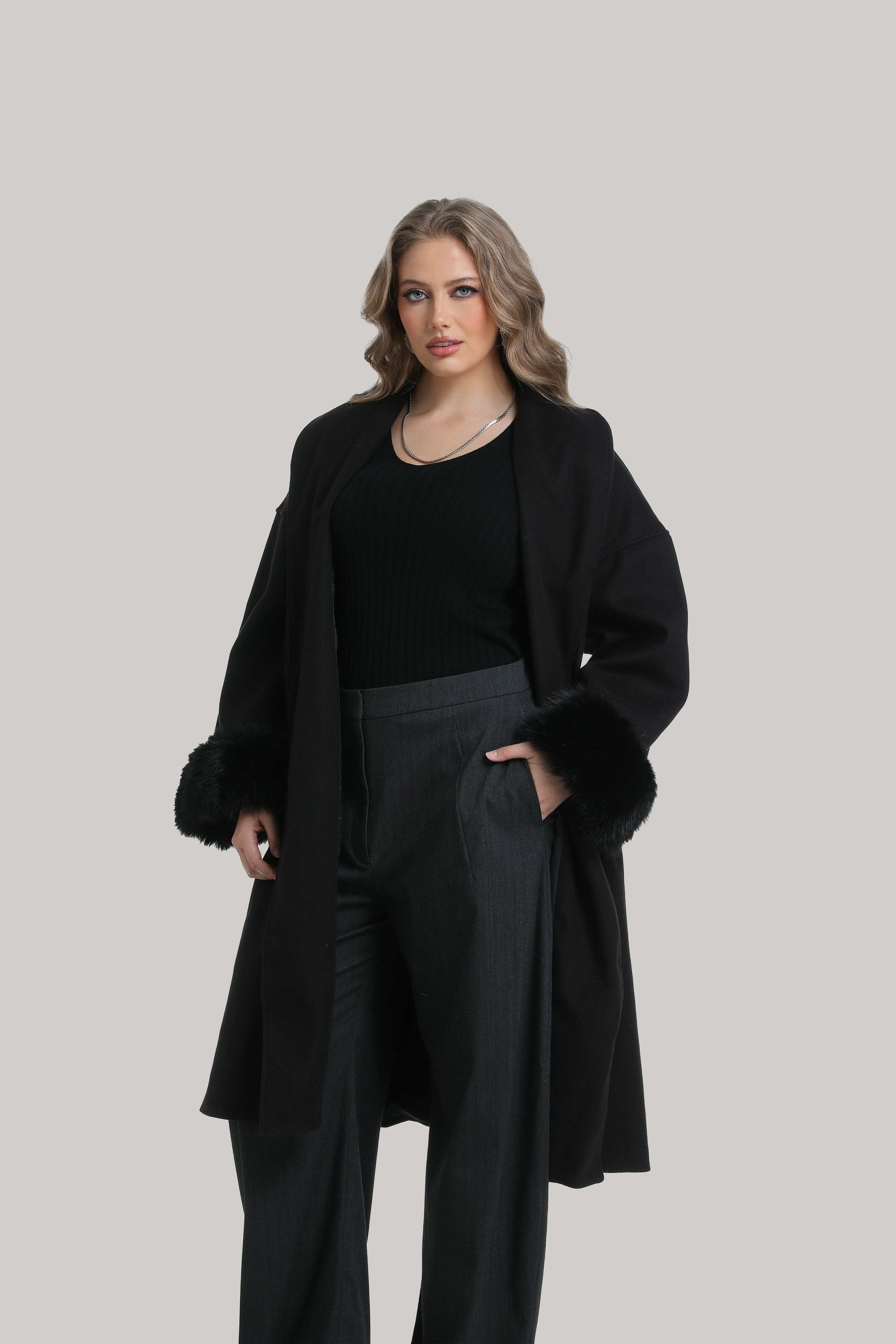 Faux Fur Cuffs Coat in black