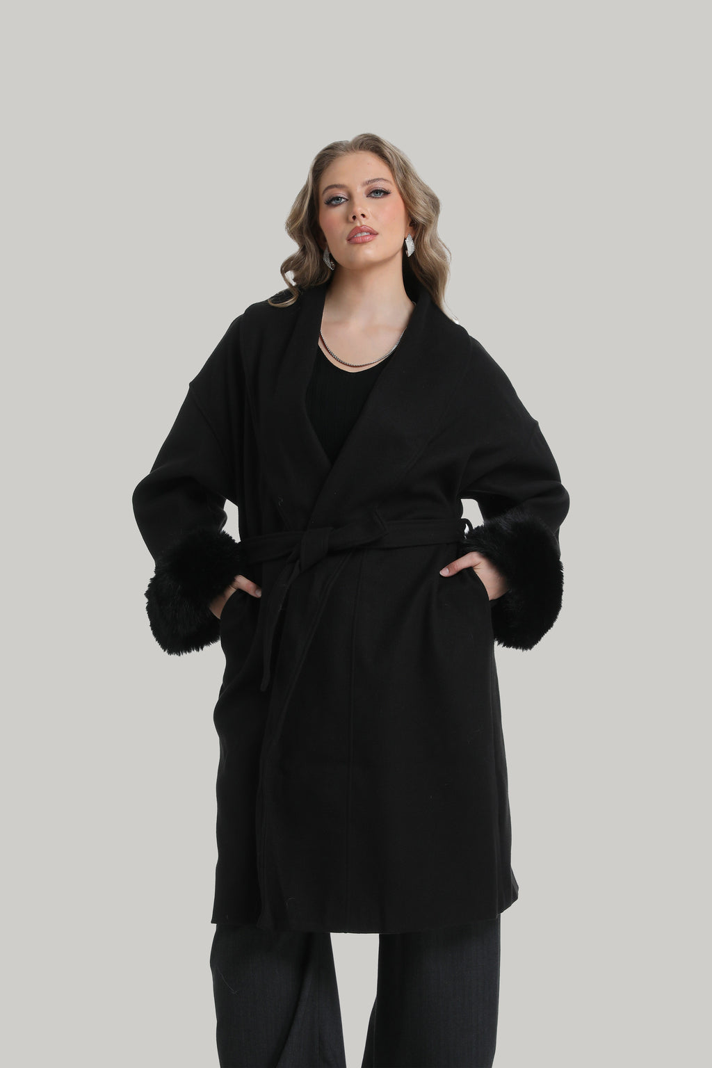 Faux Fur Cuffs Coat in black