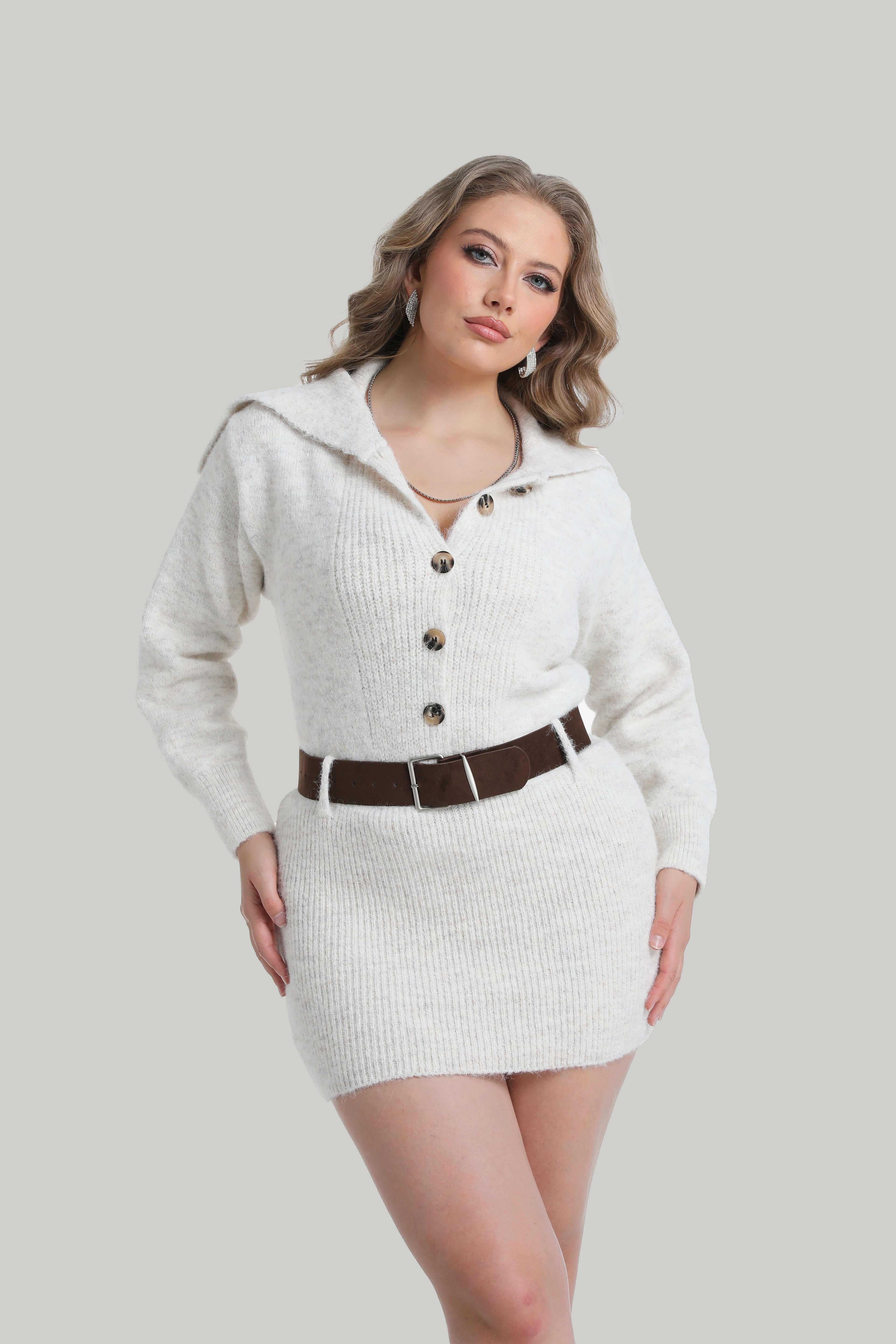 Belted Knitted Dress in Light Beige