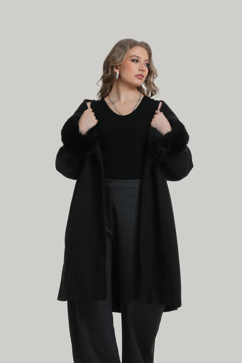 Faux Fur Cuffs Coat in black