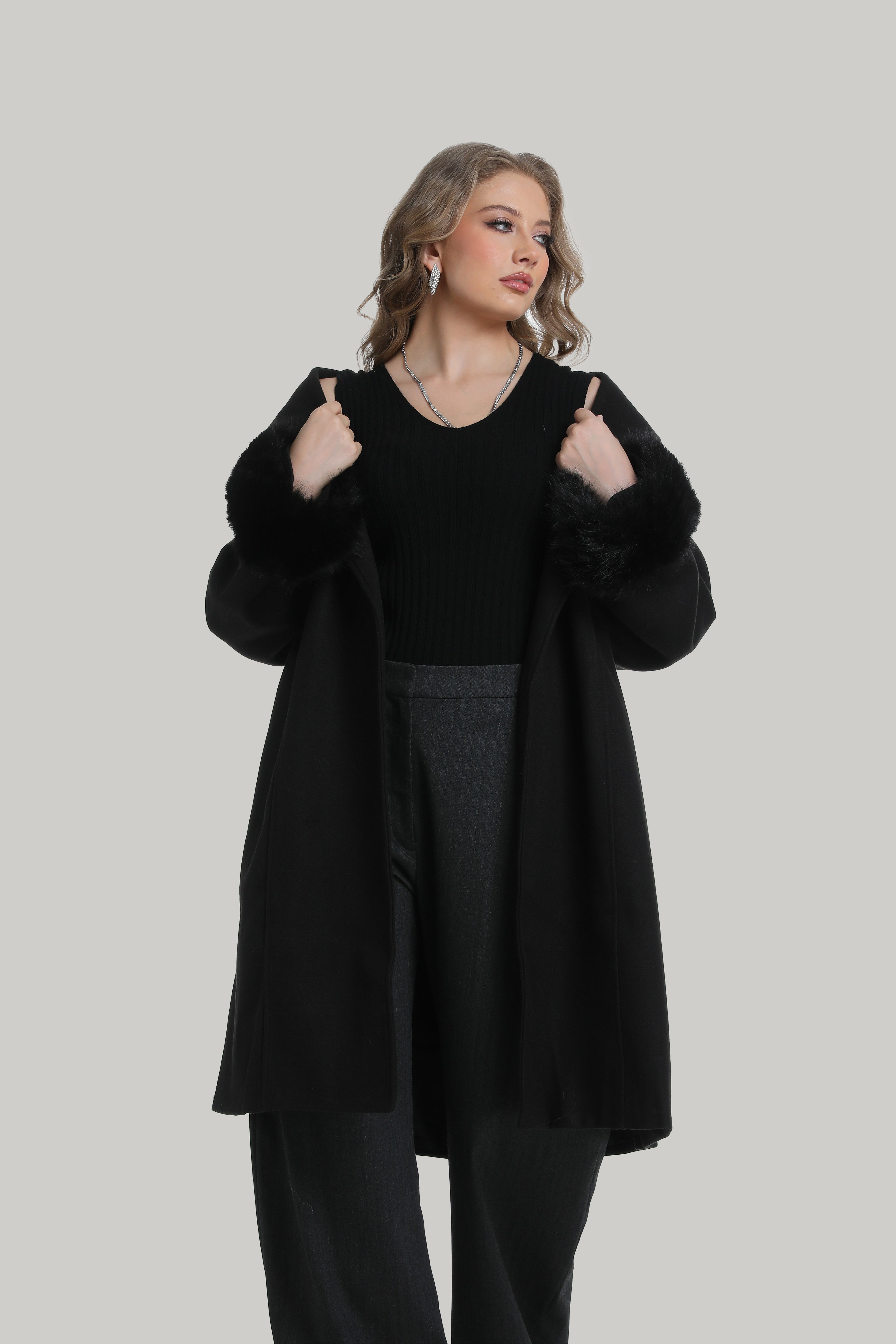 Faux Fur Cuffs Coat in black