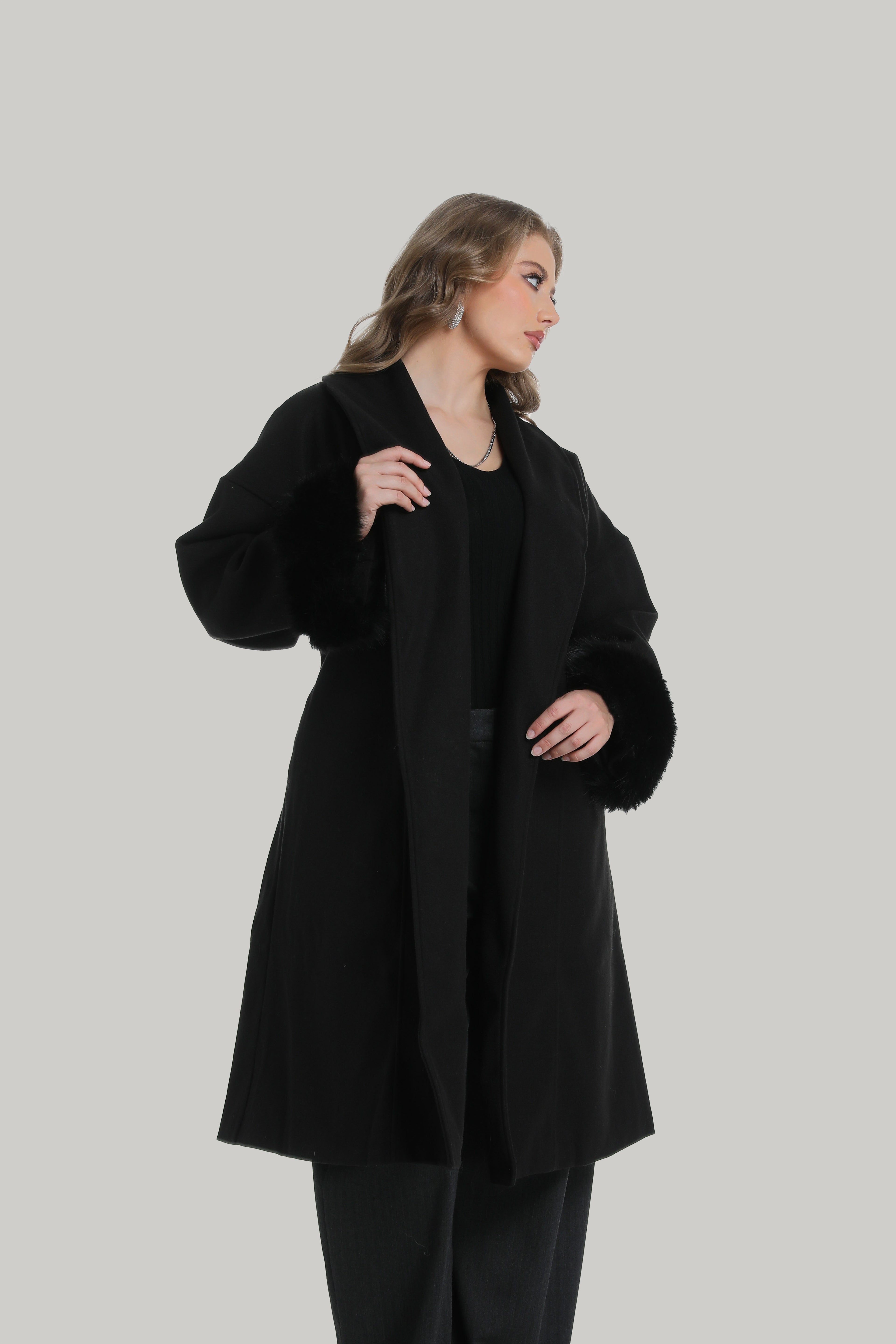 Faux Fur Cuffs Coat in black