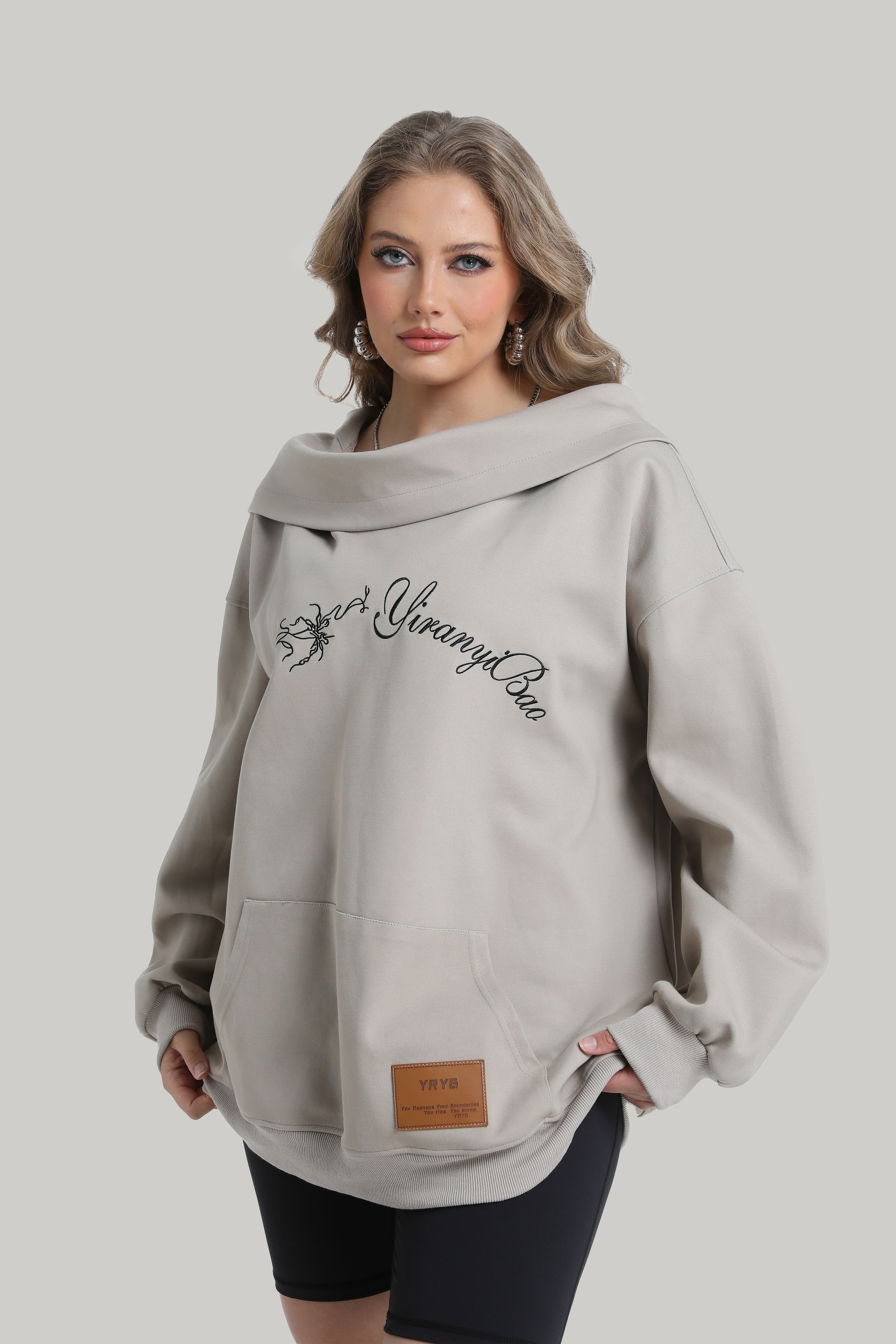 Stacked Collar Hoodie with Off Shoulder