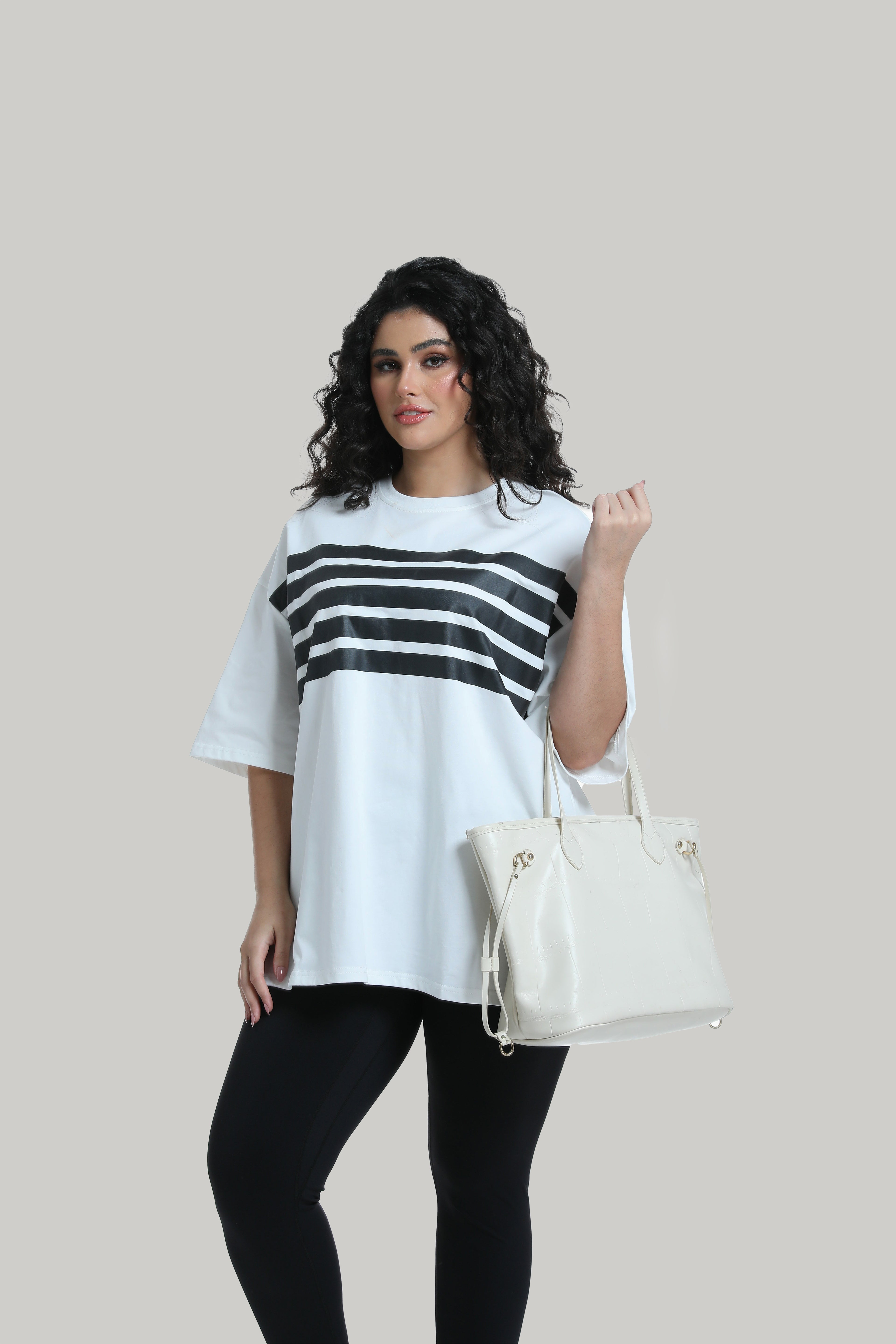 Stripe Front Print Graphic Tee in white