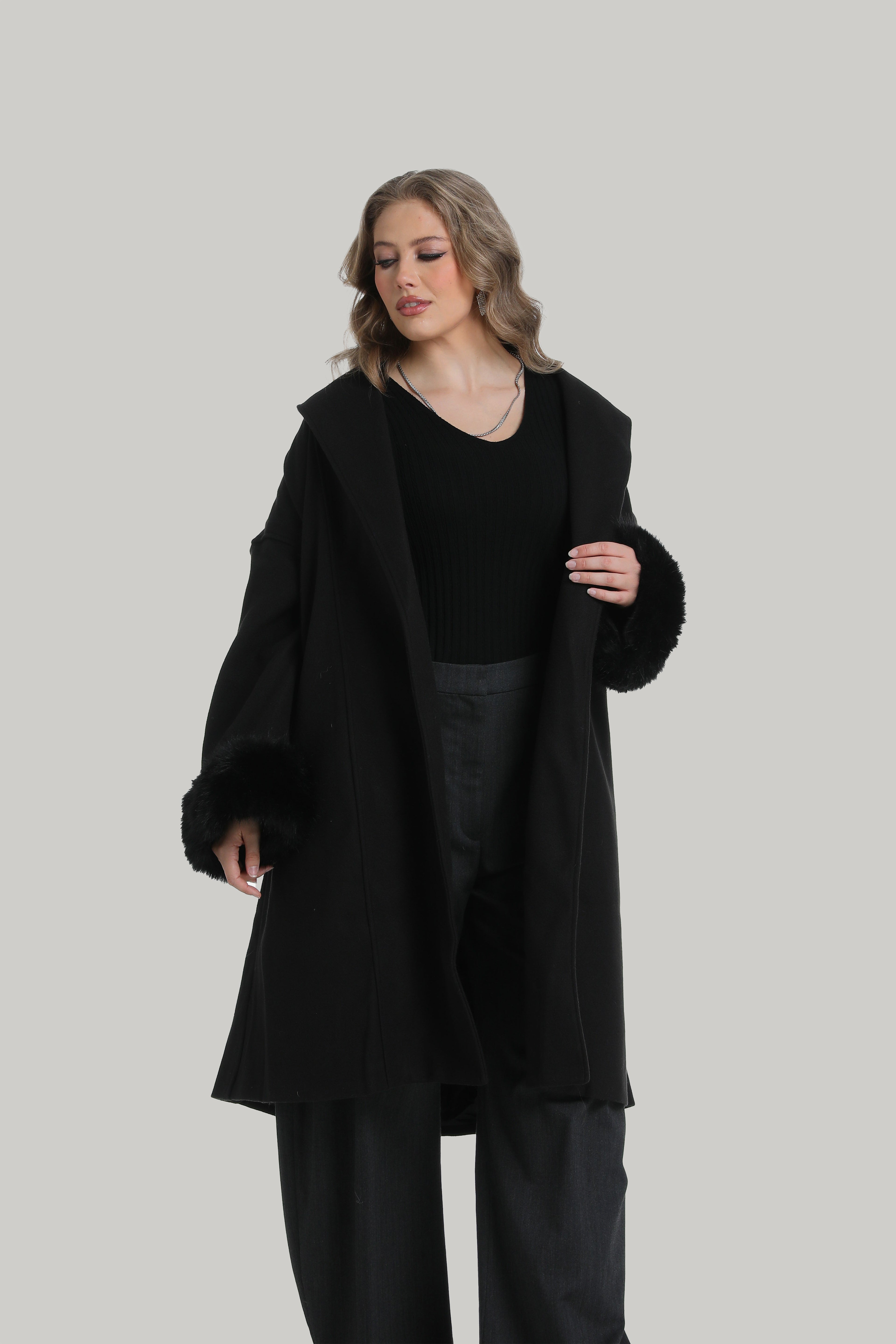 Faux Fur Cuffs Coat in black