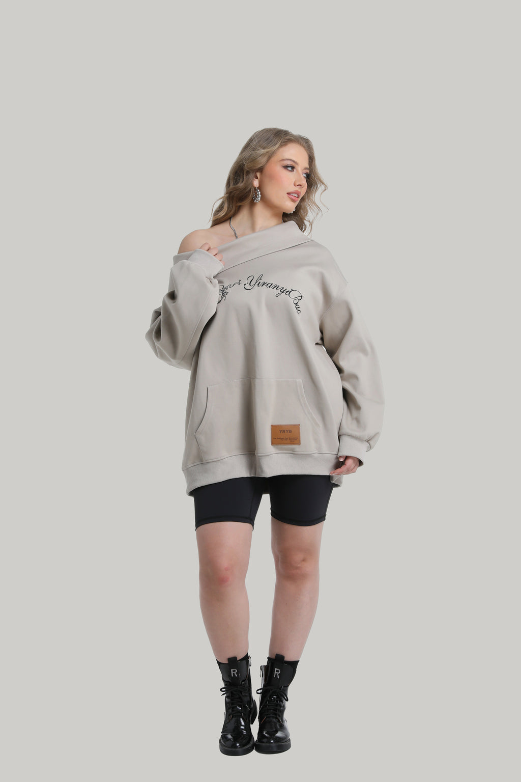 Stacked Collar Hoodie with Off Shoulder
