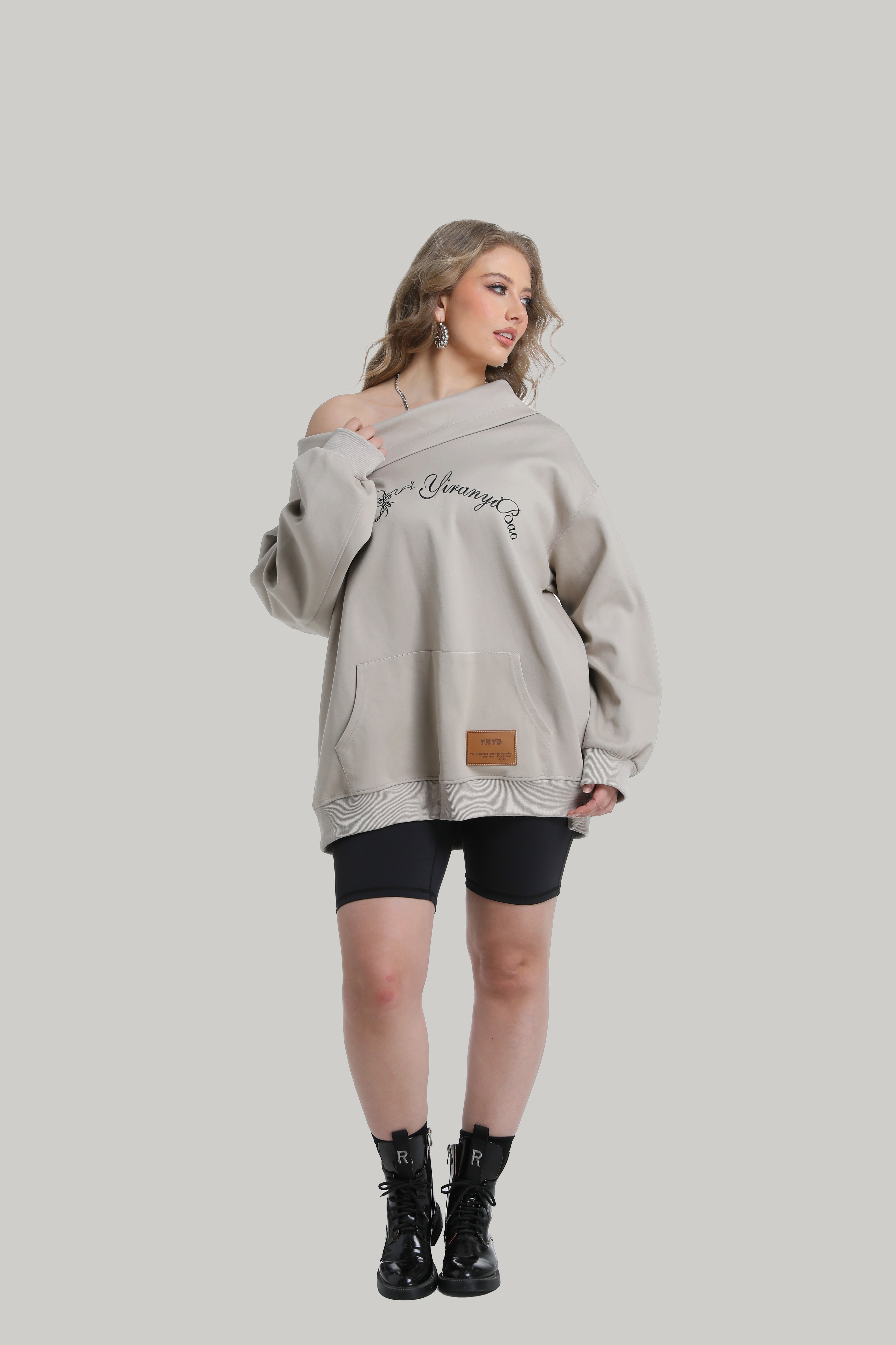 Stacked Collar Hoodie with Off Shoulder